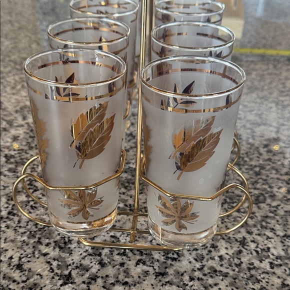 Libbey Gold Leaf 8 Glass Set with Holder Vintage - Picture 2 of 13